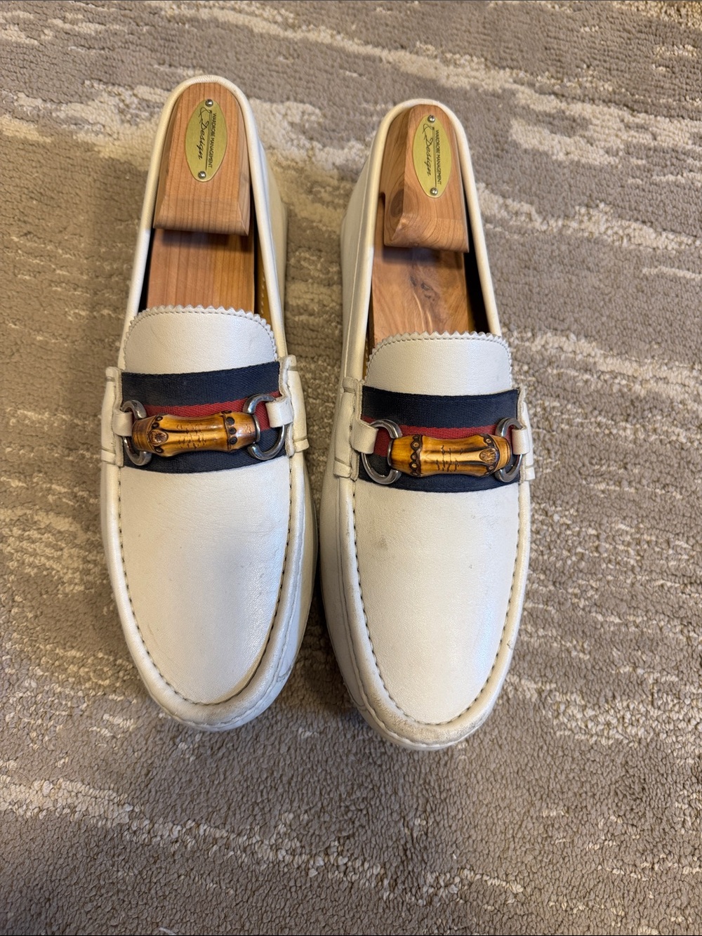 Gucci White Leather Loafers with Bamboo Bit and Web Stripe